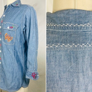 Vintage 60s chambray embroidered light denim shirt / true vtg OOAK grail / 70s psych floral cottagecore butterfly collar / small medium image 4