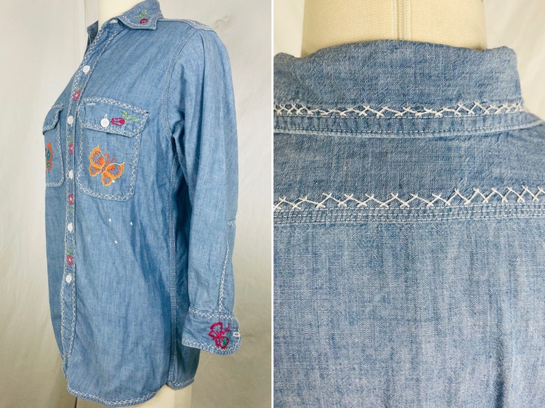 Vintage 60s chambray embroidered light denim shirt / true vtg OOAK grail / 70s psych floral cottagecore butterfly collar / small medium image 4