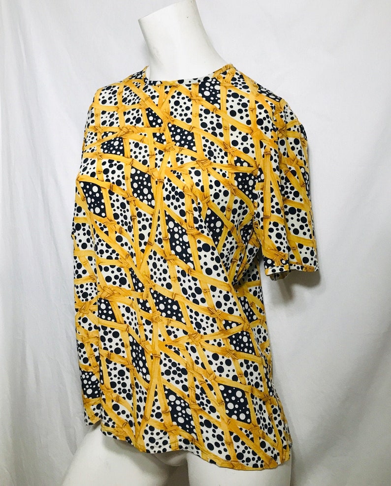 Vintage 80s silk perfect party tee / black white gold bamboo polka dot print / zip-back short sleeved top / 100% silk / medium / Carlisle image 1