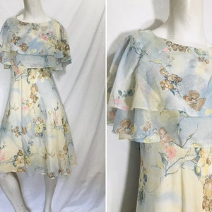 Vintage 70s floral ethereal kneelength ruffle dress / fit and flare pastel frock / sleeveless cape / watercolor florals / XS-S image 1