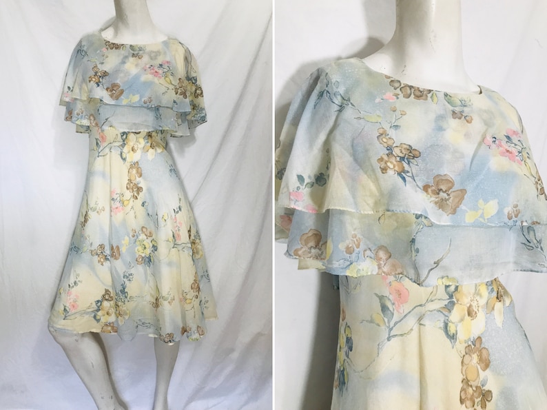 Vintage 70s floral ethereal kneelength ruffle dress / fit and flare pastel frock / sleeveless cape / watercolor florals / XS-S image 1