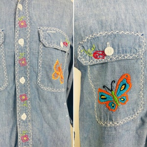 Vintage 60s chambray embroidered light denim shirt / true vtg OOAK grail / 70s psych floral cottagecore butterfly collar / small medium image 2