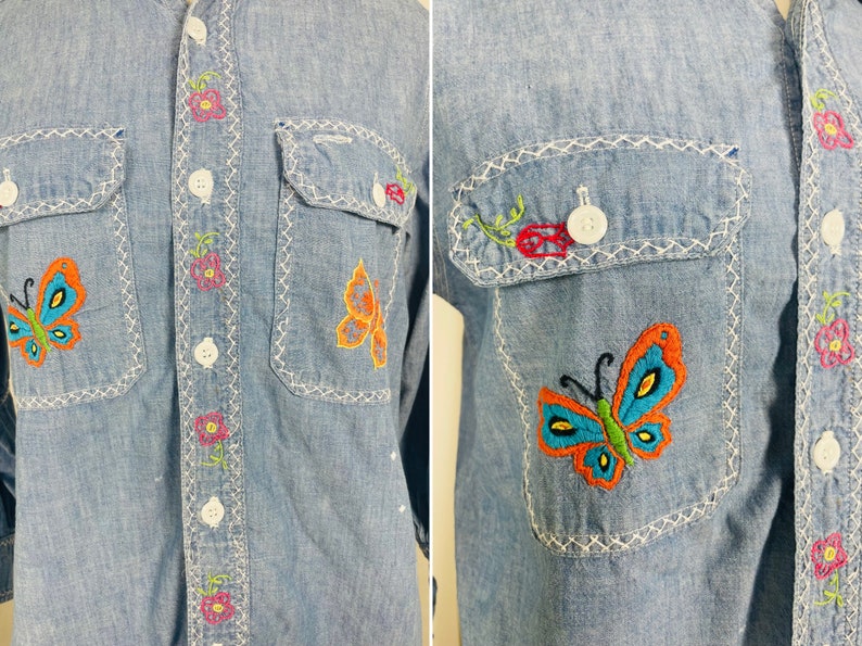 Vintage 60s chambray embroidered light denim shirt / true vtg OOAK grail / 70s psych floral cottagecore butterfly collar / small medium image 2