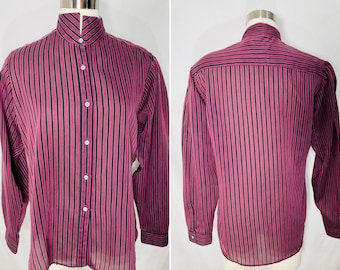 Vintage 70s Victorian Revival Mr. Witt striped high neck shirt / purple black buttonup  / witchy punk goth top / small-large / 14