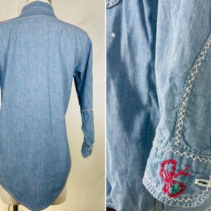 Vintage 60s chambray embroidered light denim shirt / true vtg OOAK grail / 70s psych floral cottagecore butterfly collar / small medium image 3