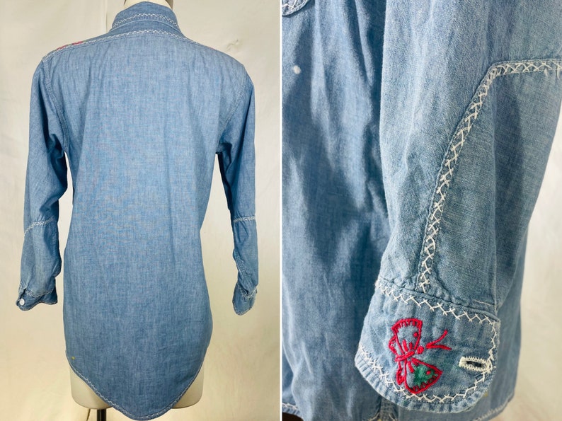 Vintage 60s chambray embroidered light denim shirt / true vtg OOAK grail / 70s psych floral cottagecore butterfly collar / small medium image 3