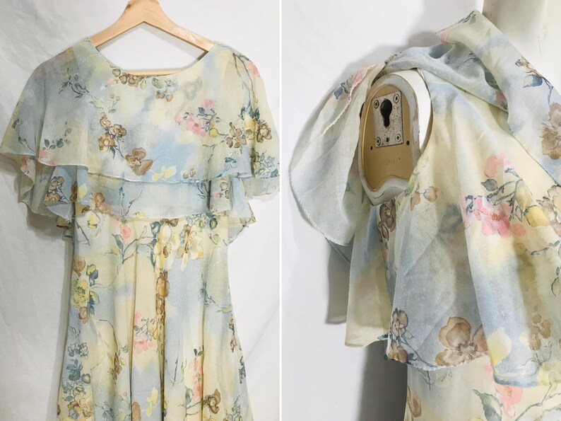 Vintage 70s floral ethereal kneelength ruffle dress / fit and flare pastel frock / sleeveless cape / watercolor florals / XS-S image 2