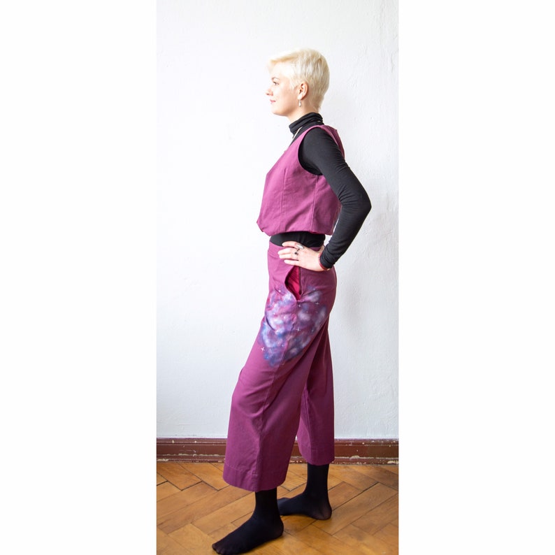 Purple trouser suit art on fashion hand painted with galaxies art fashion painted galaxies pants and vest pants and vest Purple galaxies set