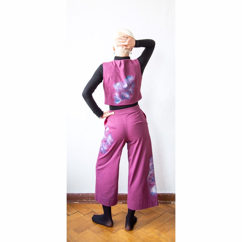 Purple trouser suit art on fashion hand painted with galaxies art fashion painted galaxies pants and vest pants and vest Purple galaxies set