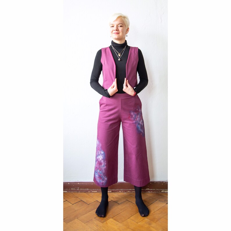 Purple trouser suit art on fashion hand painted with galaxies art fashion painted galaxies pants and vest pants and vest Purple galaxies set