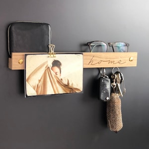 Sleutelhouder met opbergruimte, magnetisch, fotobalk, elegant eikenhout, gepersonaliseerd met gravure