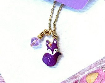 Purple Fox Necklace, Initial Pendant, Fox Jewelry for Little Girls, Fox Lover Gift, Enamel Fox Charm, Foxy Girl, Personalized Gifts for Kids