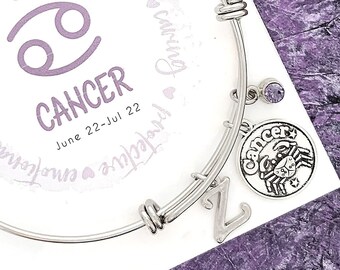 Zodiac Bangle Bracelet, Initial Bangle, Cancer Horoscope, Birthday Jewelry, Astrology Gifts, Personalized Gifts