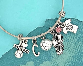 Soccer Bracelet, Initial Bangle, Soccer Lover Gift, Player Gift, Soccer Team Gifts Bracelets, Soccer Jewelry, Personalized Gifts, Mom Gifts