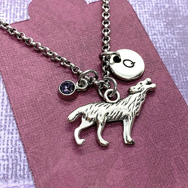 Wolf Necklace, Initial Pendant, Wolf Charm, Howling Wolf Jewelry Men, Personalized Wolf Gifts for Kids, Wolf Lover, Wolf Pendant Silver