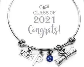 Class Graduation Bangle, Senior Graduation Gifts for Her, Initial Bangle, Personalized Charm Bangle Bracelet