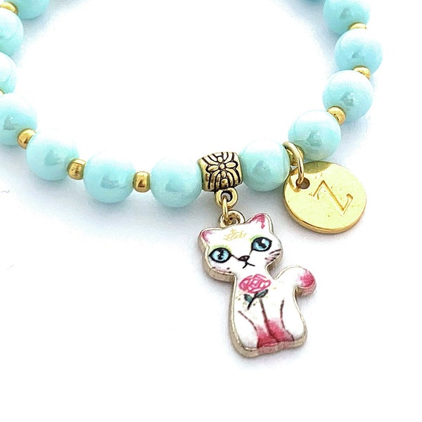 Kitty Bracelet, Cat Jewelry, Beaded Stretch Bracelet, Personalized Gifts for Girls, Kitten Initial Charm Bracelet, Cat Lover Gift for Kids