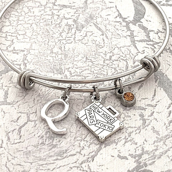 Suitcase Initial Bangle, Luggage Charm Bracelet, Travel Lover, Travel Agent Gifts for Clients, Personalized Travelers Gifts, Vacation Gifts