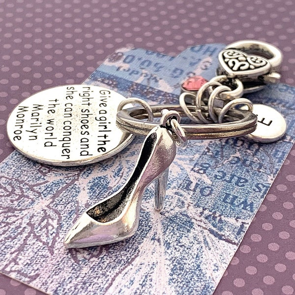 Shoe Initial Key Chain, Stiletto Keychain, Give a Girl the Right Shoes and She Can Conquer the World, Marilyn Monroe Quotes, Custom Gifts