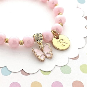 Butterfly Bracelet for Girls, Pink Beaded Bracelet, Pink and Gold Bracelet, Children's Jewelry, Stretch Bracelet for Kids, Charm Bracelet