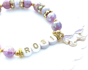 Unicorn Charm Bracelet for Girls, Name Bracelet for Kids, Beaded Stretch Bracelet, Children's Jewelry, Personalized Little Girl Bracelet