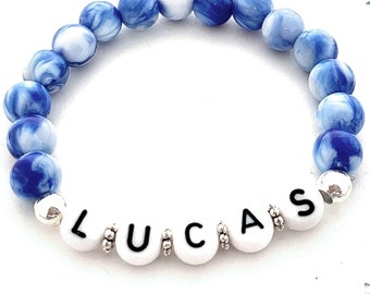 Boys Name Bracelet, Personalized Kids Jewelry, Beaded Stretch Bracelet, Name Jewelry, Cute Little Boy Gift, Grandson's Birthday Jewelry