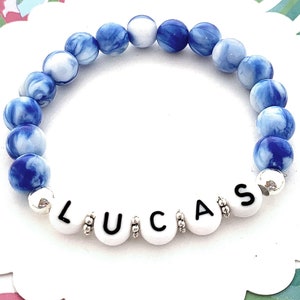 Boys Name Bracelet, Personalized Kids Jewelry, Beaded Stretch Bracelet, Name Jewelry, Cute Little Boy Gift, Grandson&#39;s Birthday Jewelry