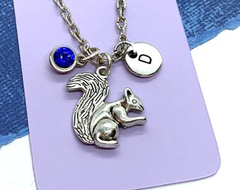 Squirrel Necklace, Initial Pendant, Squirrel Charm Jewelry, Personalized Squirrel Lover Gift, Nature Lovers Gift, Forest Animal Gift for Her