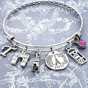 Paris Bracelet, Initial Bangle, Personalized Paris Themed Gifts, Paris Lover, Paris Travel Jewelry, Themed Birthday Party, Bachelorette Gift