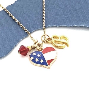 American Flag Initial Necklace, US Flag Jewelry, Independence Day Pendant, Personalized Patriotic Gift, 4th of July, New Citizen Gift