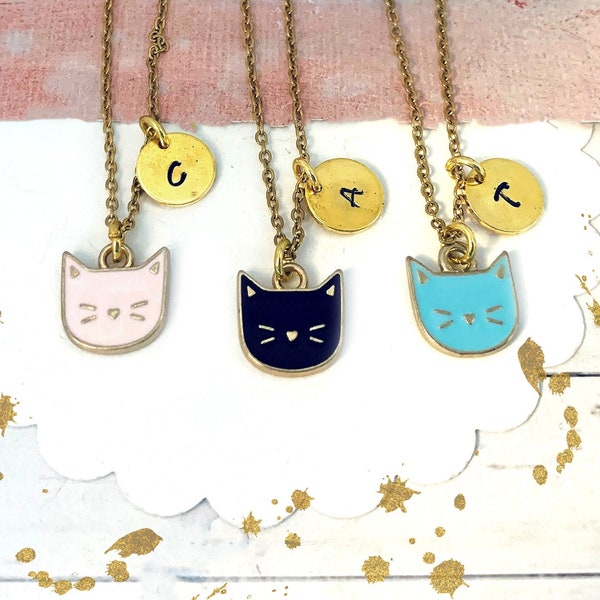 Cat Necklace for Girls, Initial Pendant, Kitty Charm Necklace, Cat Lover Jewelry, Personalized Gift for Kids, Cat Pendant Gold, Kitten Gifts