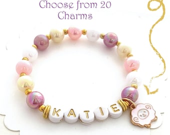 SanaBelle™ Personalised Engraved Name Pink & Lilac Charm Bracelet Girl's