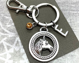 Horse Keychain, Initial and Birthstone Keyring, Horse Head Charm Key Chain, Horse Rider Gifts, Horse Lover Gifts for Women, Men's Horse Gift