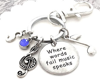 Music Initial Keychain, Where Words Fail Music Speaks, Music Lover Gift, Retirement Gift, Musician Gifts, Music Teacher Appreciation Gift