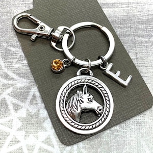Horse Keychain, Initial and Birthstone Keyring, Horse Head Charm Key Chain, Horse Rider Gifts, Horse Lover Gifts for Women, Men&#39;s Horse Gift