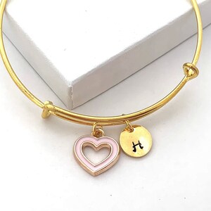 Heart Bangle Bracelet, Pink and Gold Heart, Heart Jewelry, Valentines Day Love Jewelry Gift, Heart Charm Initial Bracelet, Personalized Gift