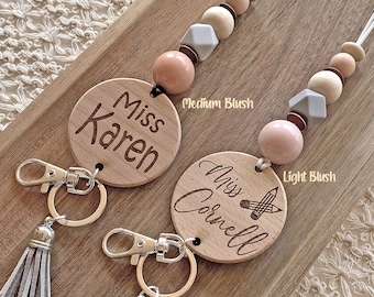 Teacher Name Lanyard, Beaded ID Badge Holder, Boho Lanyard for Keys, Breakaway Lanyard with Tassel, Teacher Gift, Engraved Teacher Lanyard