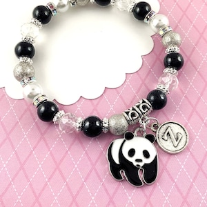 Panda Bracelet, Personalized Gifts, Panda Lover Gift, Cute Panda Little Girl Jewelry, Initial Bracelet, Black and White Beaded Bracelet
