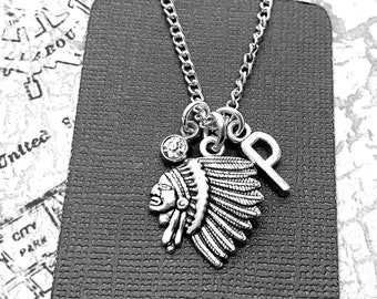 Indian Chief Necklace, Indian Head Jewelry, Native Americans Indian Jewelry, Initial Pendant, Tribal Necklace, Best Friends Gift for Him