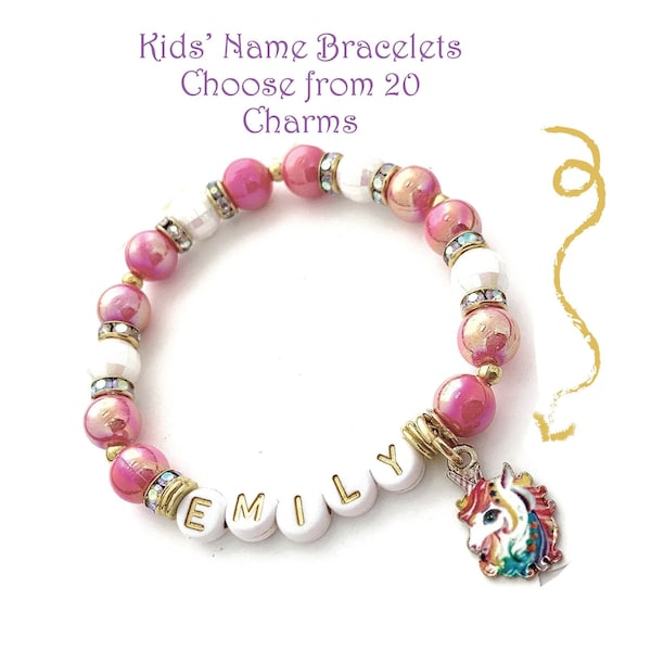 Girls Personalized Unicorn Name Bracelet With Charm, Custom Beaded Bracelet for Kids, Cute Jewelry, Pink Stretch Bracelet, Little Girl Gifts