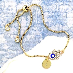 Hamsa Bracelet Gold, Hand of Fatima Bracelet, Hamsa Jewelry, Protection Bracelet Evil Eye Gifts, Chain Bracelet, Adjustable Slider Bracelet