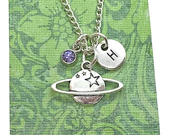 Saturn Necklace Silver, Planet Pendant, Initial and Birthstone Charm Jewelry, Space Lover Gift, Astronomy Gifts, Space Gifts for Boys