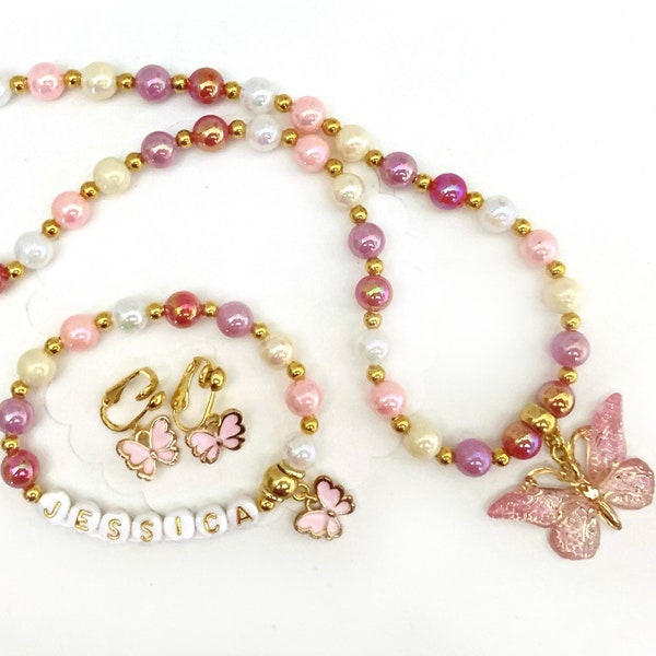 Beaded Butterfly Necklace, Butterfly Jewelry for Kids, Name Bracelet, Clip On Earrings, Personalized Gifts for Little Girls, Pink and Gold