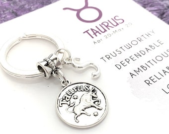 Taurus Keychain, Zodiac Keychain Birthday Gift, Personalized Gifts, Initial Keyring, April, May Zodiac Traits, Astrology Gifts, Horoscope