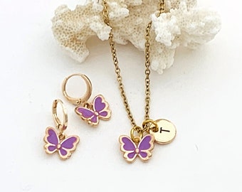 Collar de mariposa, pendientes de mariposa púrpura y oro, regalo personalizado, joyería de niña pequeña, joyería infantil, amante de la mariposa