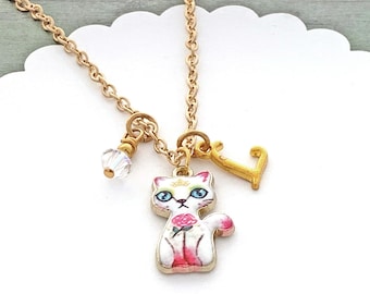 Kitty Necklace, Personalized Gifts for Girls, Initial Pendant, Cat Jewelry, Cute Cat Gift, Little Girl Jewelry, Daughter Birthday Gift