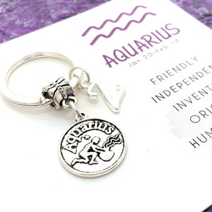 Aquarius Keychain, Zodiac Keyring, Personalized Gifts, Initial Key Ring, January, February Astrology, Astrological Sign, Horoscope