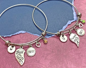 Best Friends Bracelets for 2, Best Friends Bangle Bracelets, Heart Charm Bracelet, Split Heart, BFF Jewelry for 2, Custom Friendship Gifts