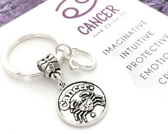 Cancer Keychain, Zodiac Keyring, Personalized Gifts, Initial Key Ring, June, July Astrology, Astrological Sign, Horoscope, Celestial Gifts