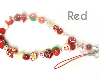 Red Phone Charm, Mobile Phone Strap Lanyard, Beaded Phone Chain, Kawaii Phone Accessories, Beaded Keychain Wristlet